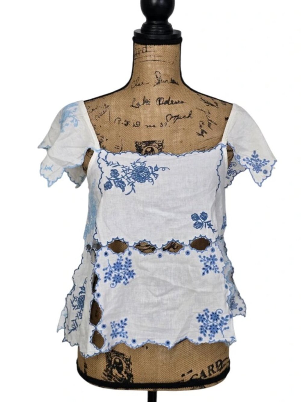 Anthropologie Patchwork Hanky Linen Flutter Sleeve Embroidered Blouse Size XS